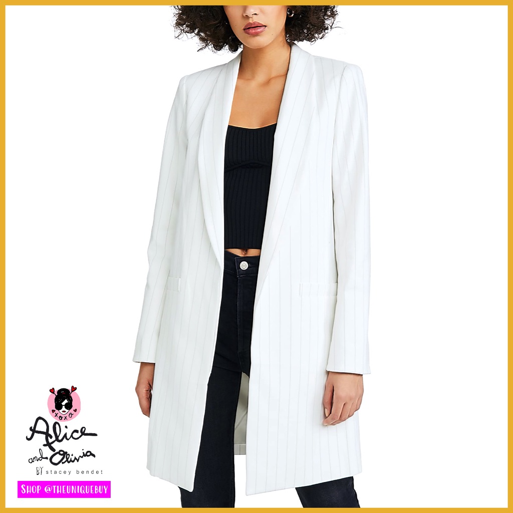 Alice + Olivia Kylie Pinstripe Open Front White Collared Blazer Jacket